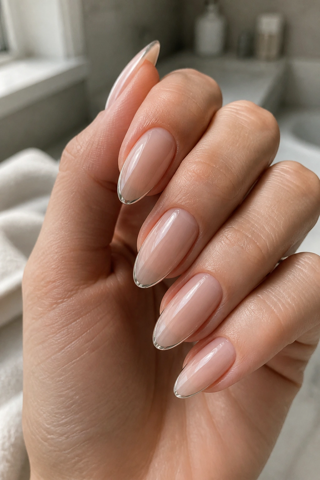 Close-up of almond nails with micro French chrome tips on a real hand