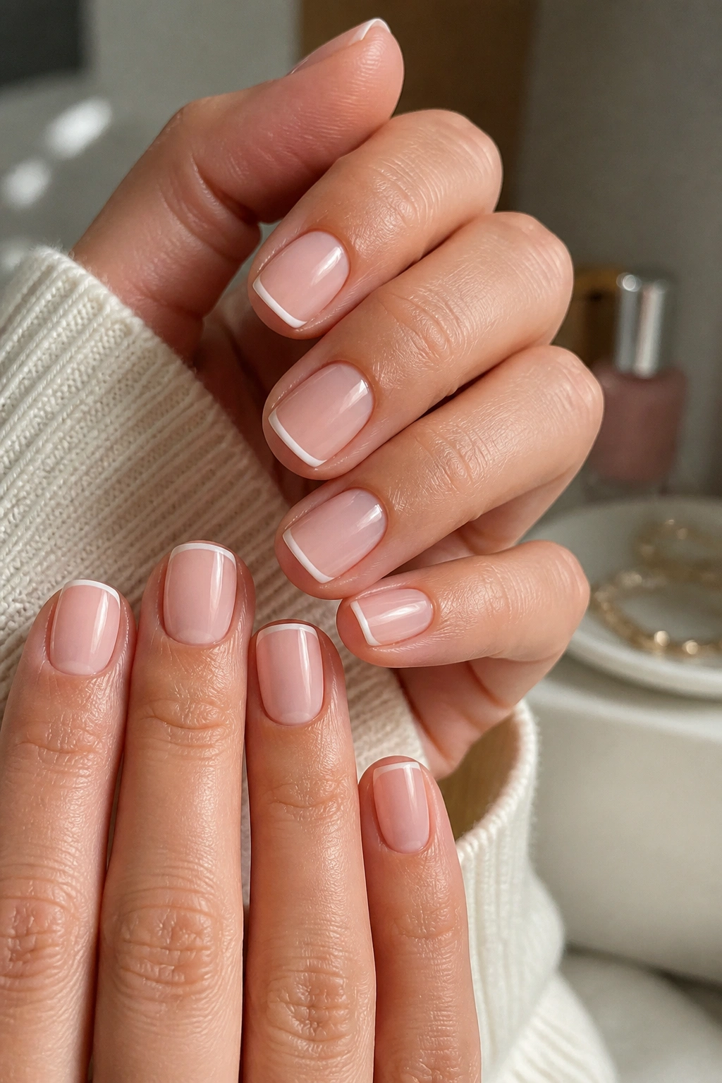 Micro French nails with razor-thin white tips on a real person's hands.