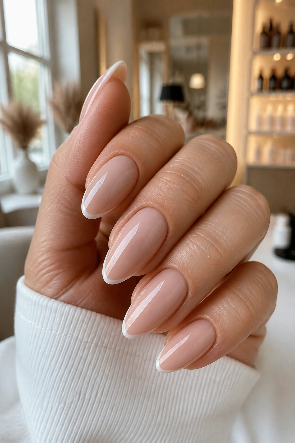 Close-up of a real hand with almond nails featuring a micro-French nude tip