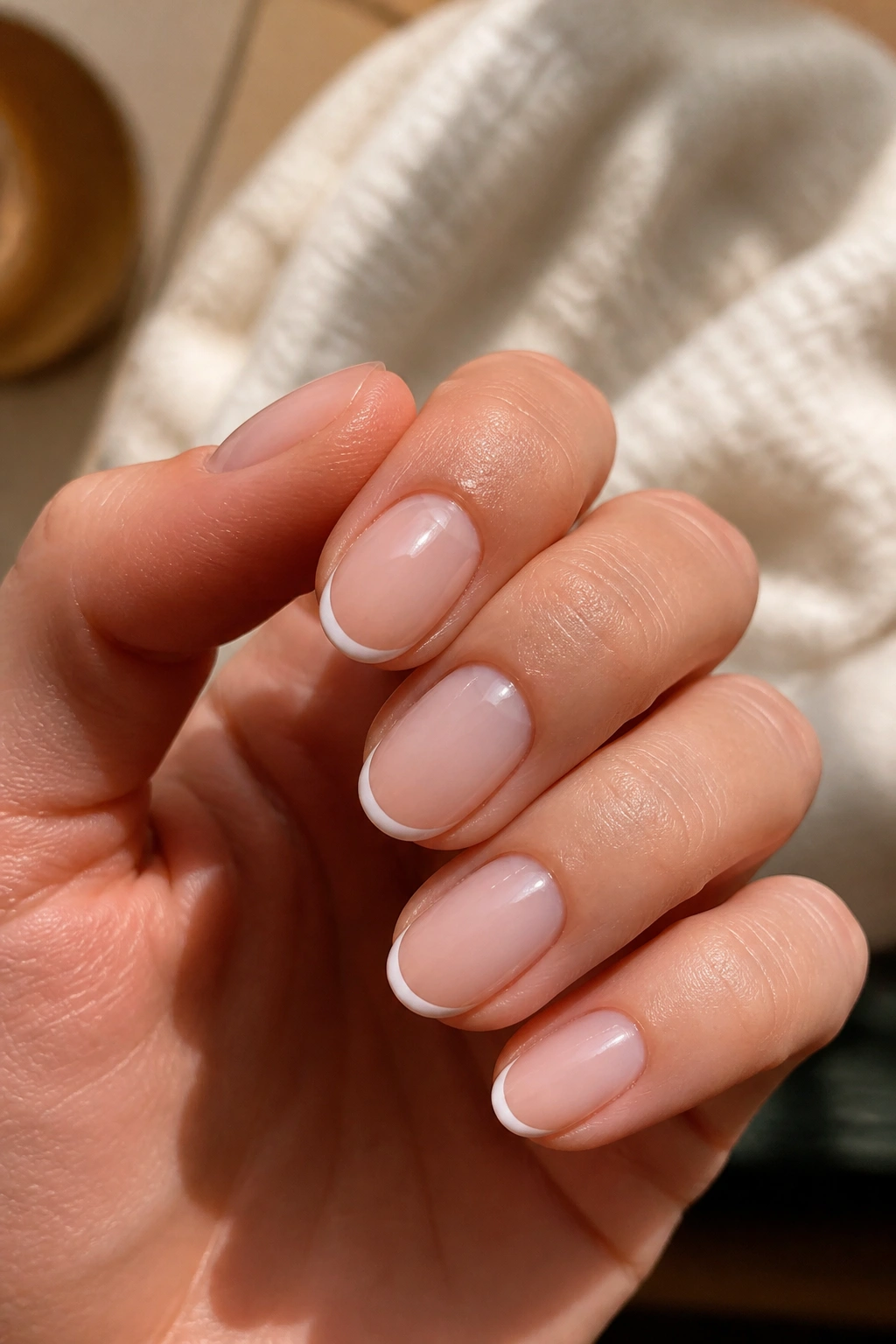 Close-up of a real hand with short almond nails featuring micro white French tips on a sheer pink base