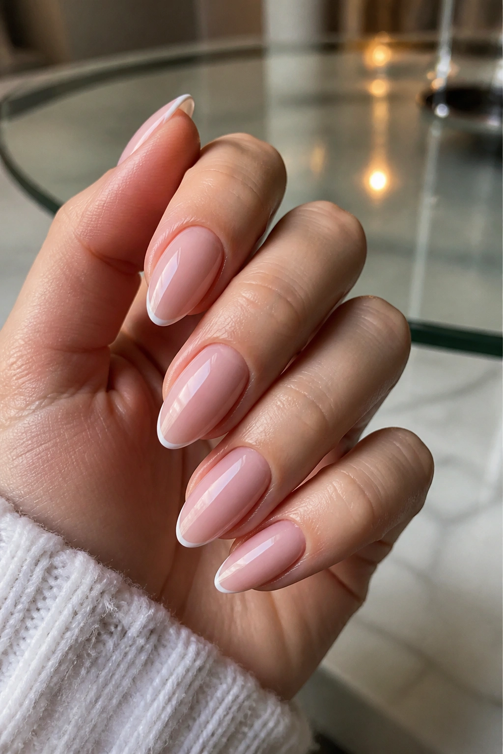 Close-up of real hand with almond nails featuring micro French tips
