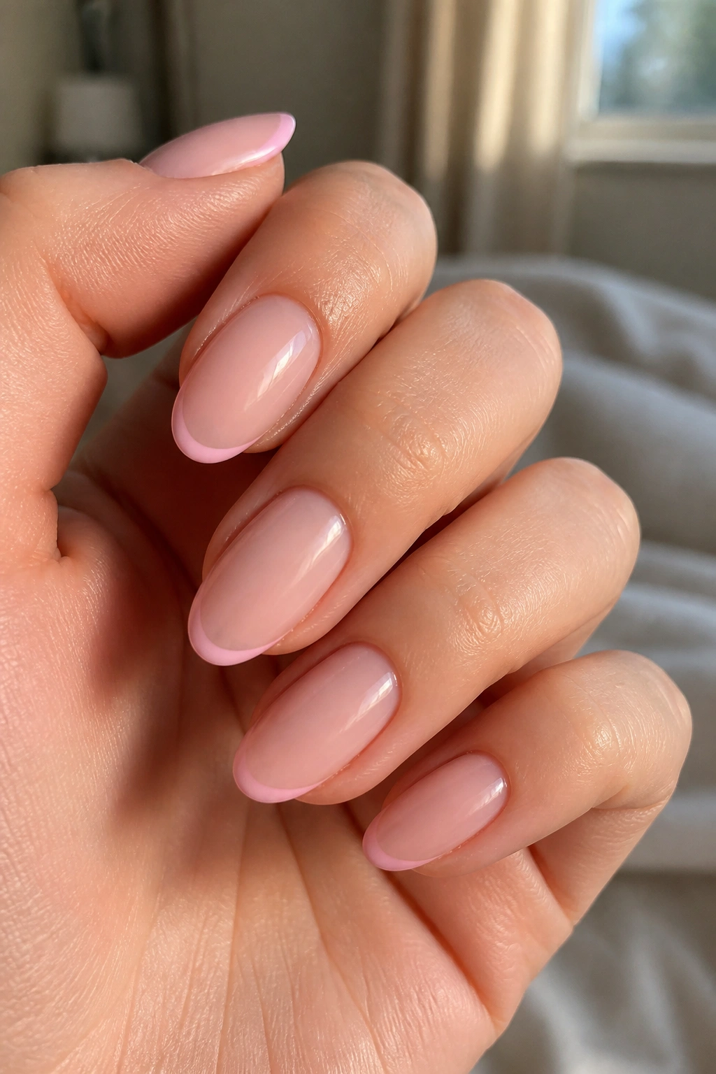 Close-up of almond nails with micro French pink tips on a real hand