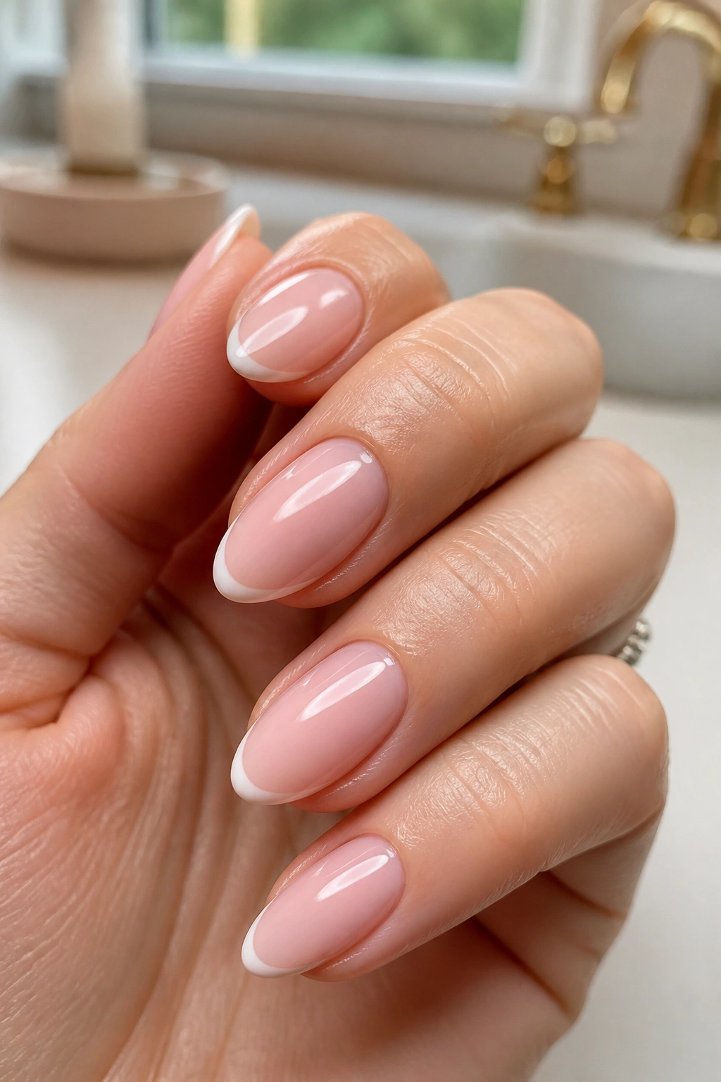 Almond nails with micro French tips on pink base