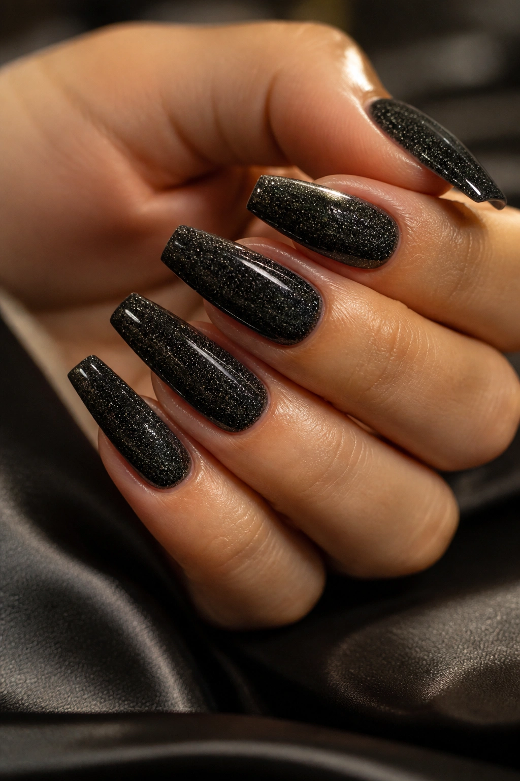 Close-up of black coffin nails with micro-glitter on a real hand.