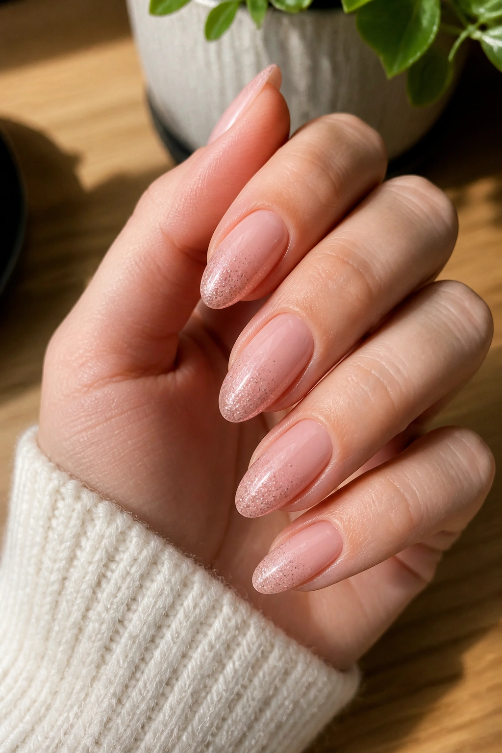 Close-up of a real hand with almond nails showing a micro glitter gradient on pink.