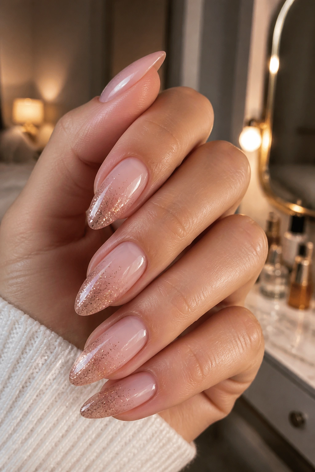 Almond nails with micro-glitter nude ombre for subtle shine.