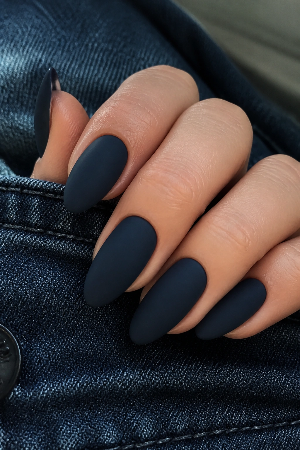 Close-up of midnight navy matte almond nails on a real hand