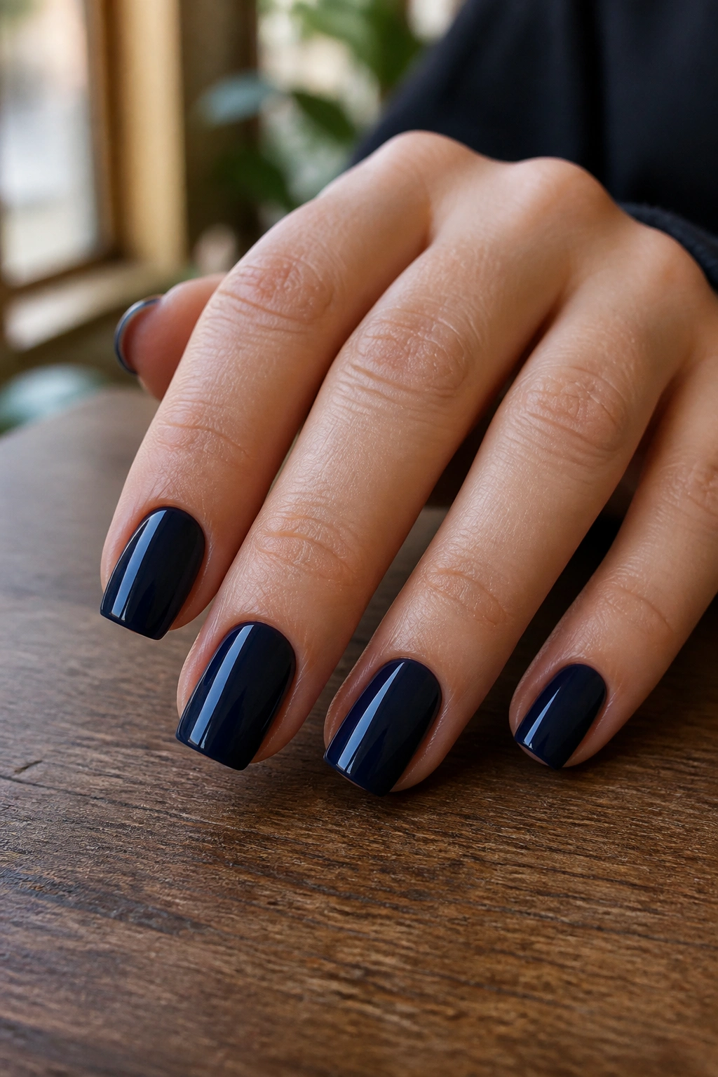 Close-up of hand showing short coffin nails in soft midnight navy with glossy finish