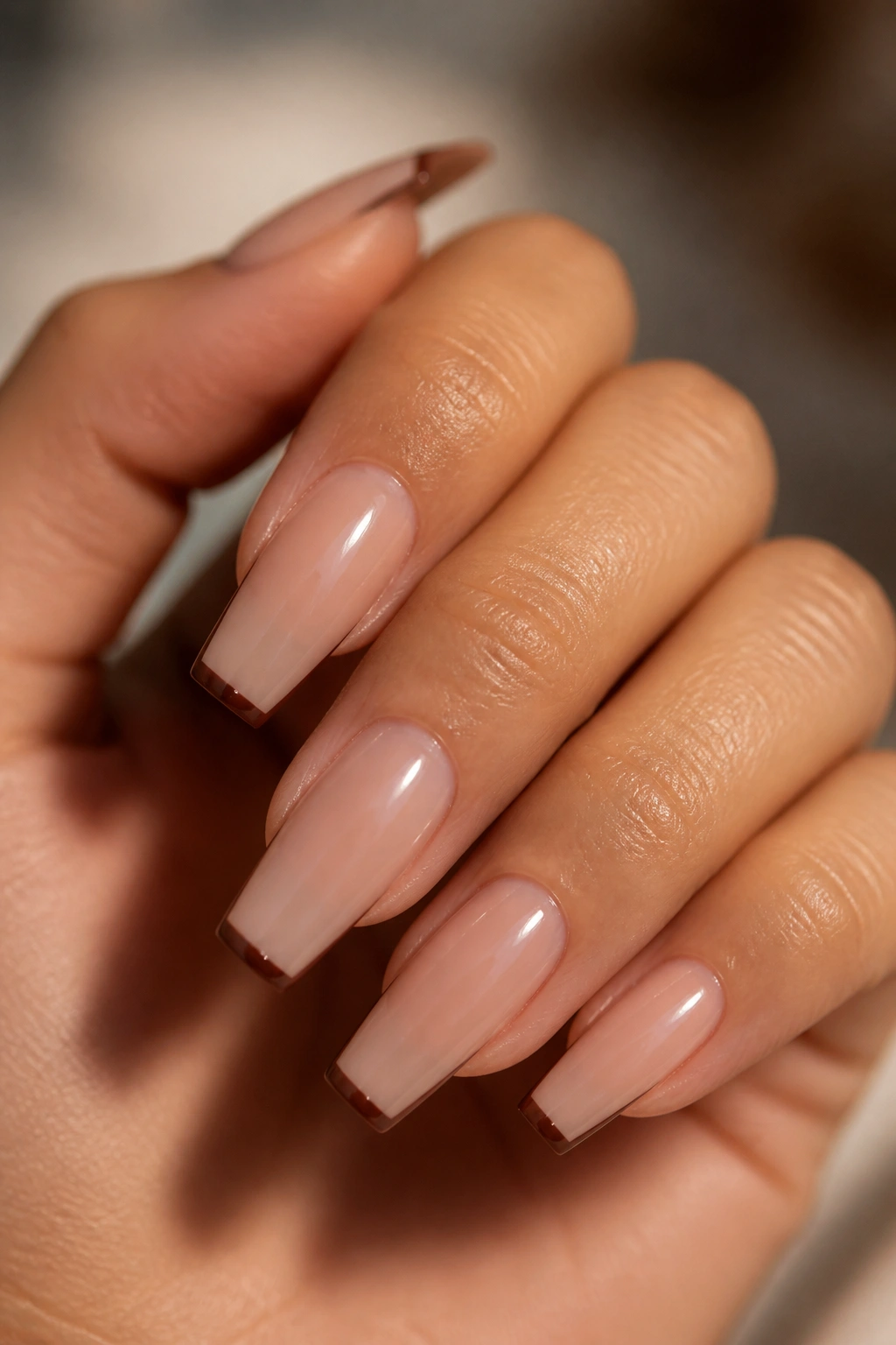 Milk chocolate micro tip on nude coffin base nails