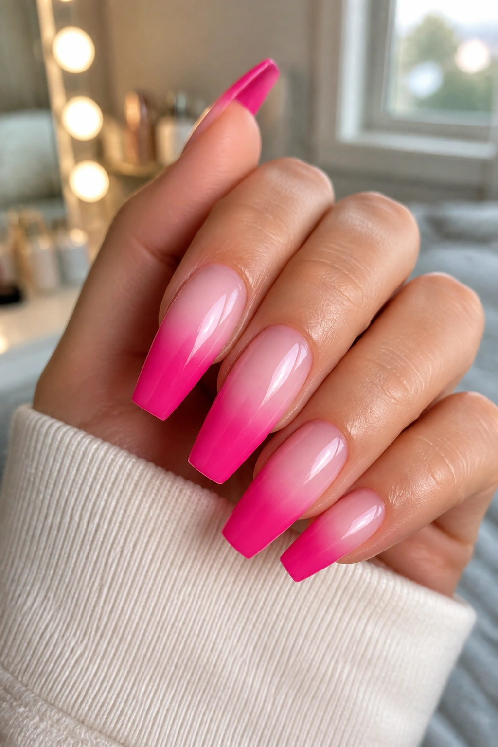 Close-up of milky base with hot pink ombre coffin nails