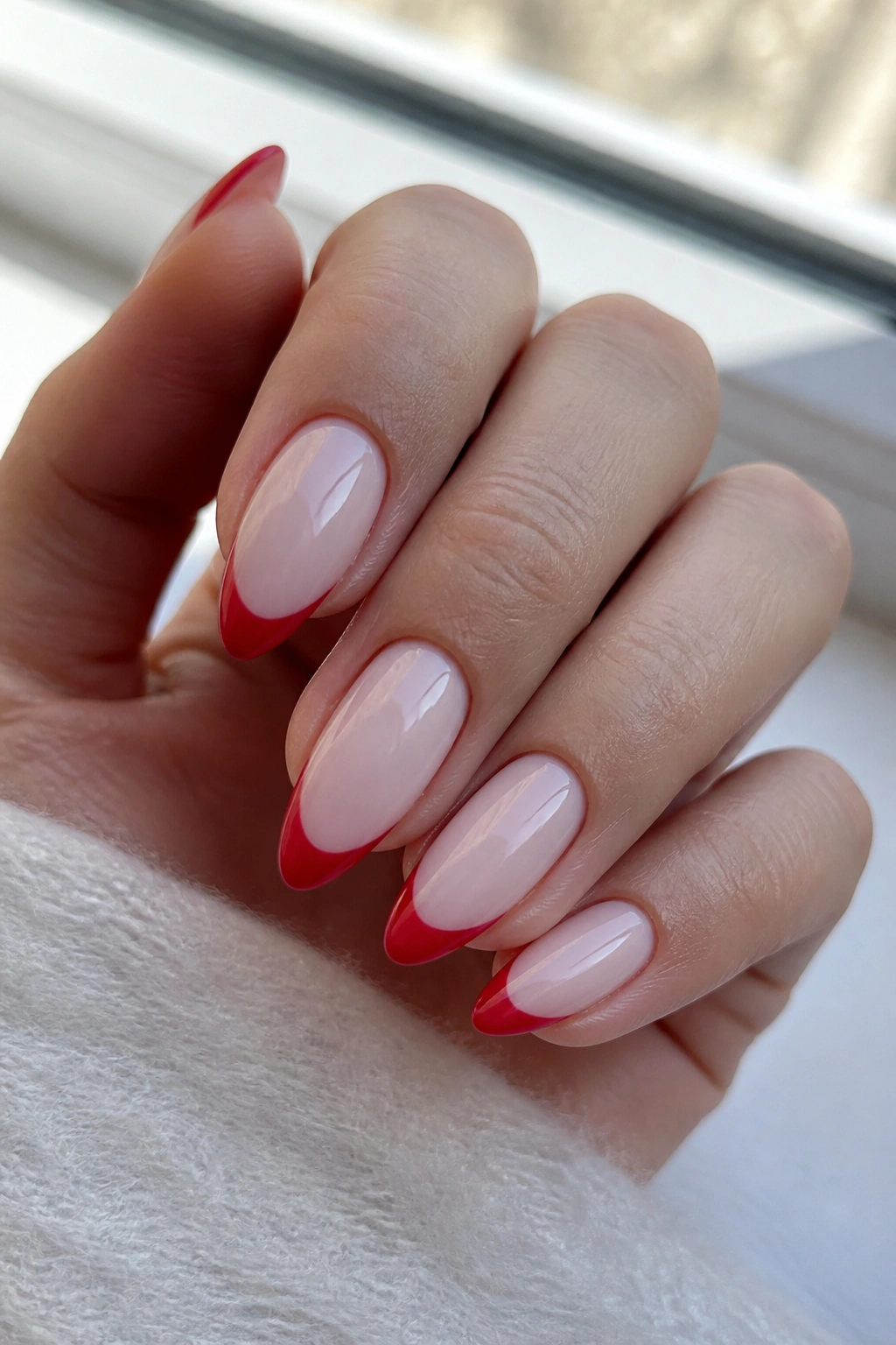 Close-up of a real hand with almond nails featuring milky base and red tips