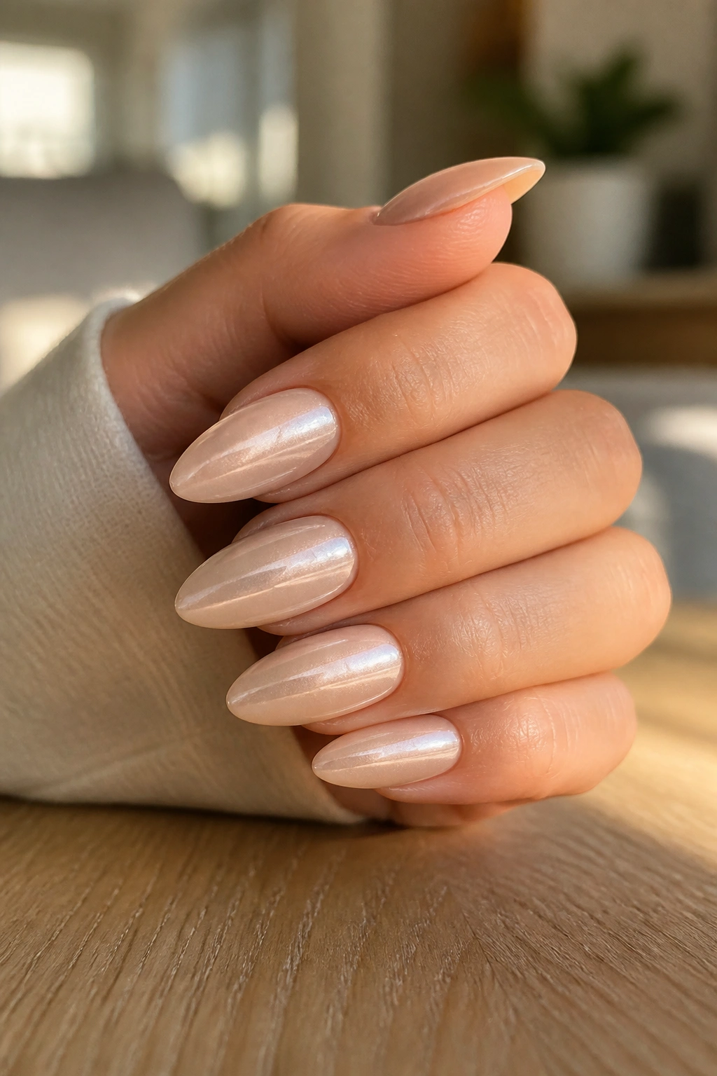 Close-up of almond nails in milky beige chrome on a real hand