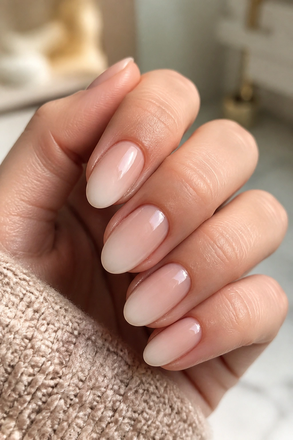 Close-up of milky beige ombre on short almond nails