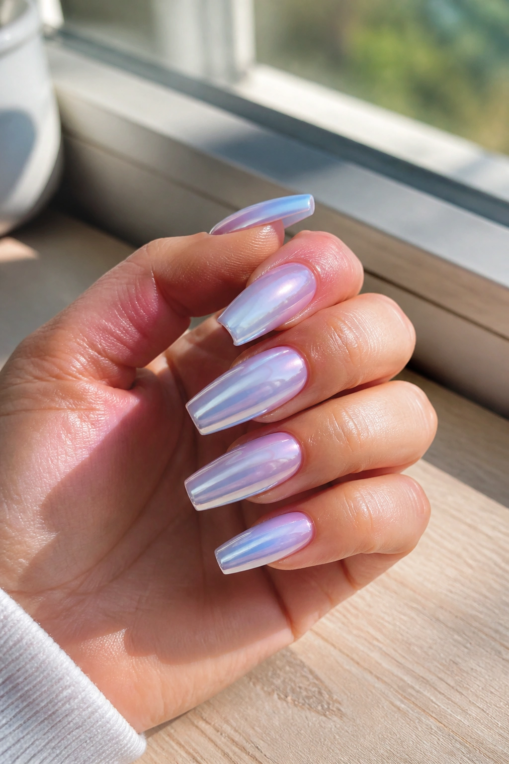 Close-up of milky blue chrome coffin nails with white underpainting on a real hand