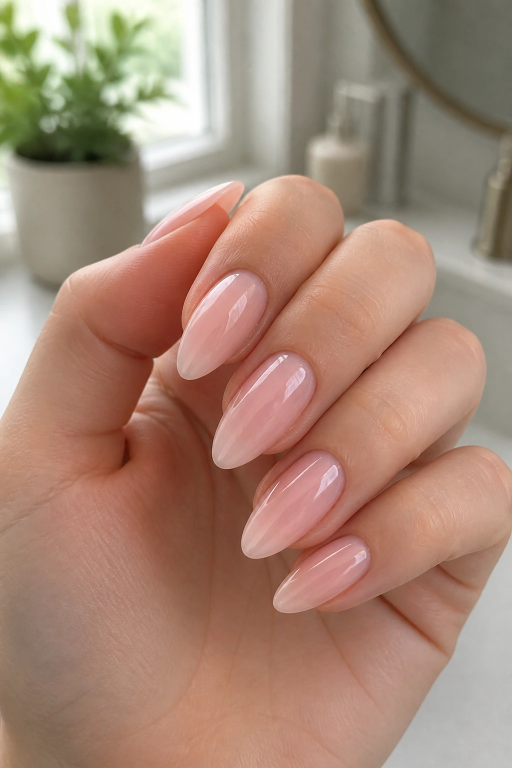 Close-up of milky blush almond nails on a real hand at home