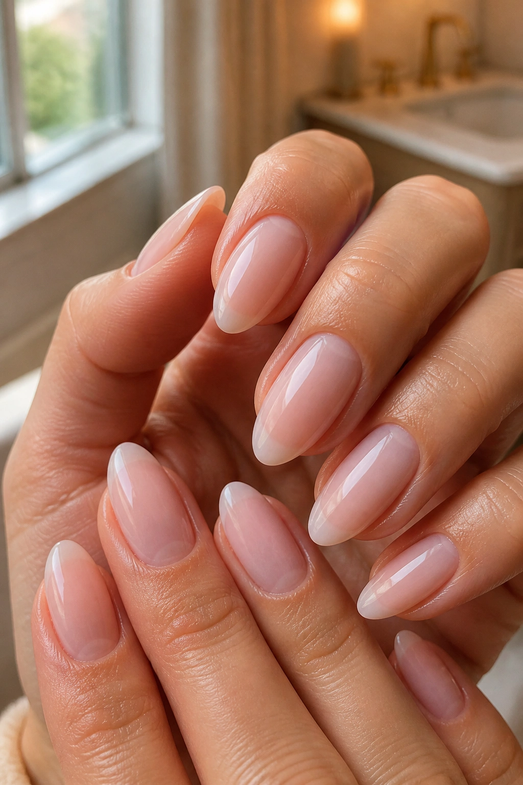 Close-up of almond nails with sheer milky blush polish on a real hand