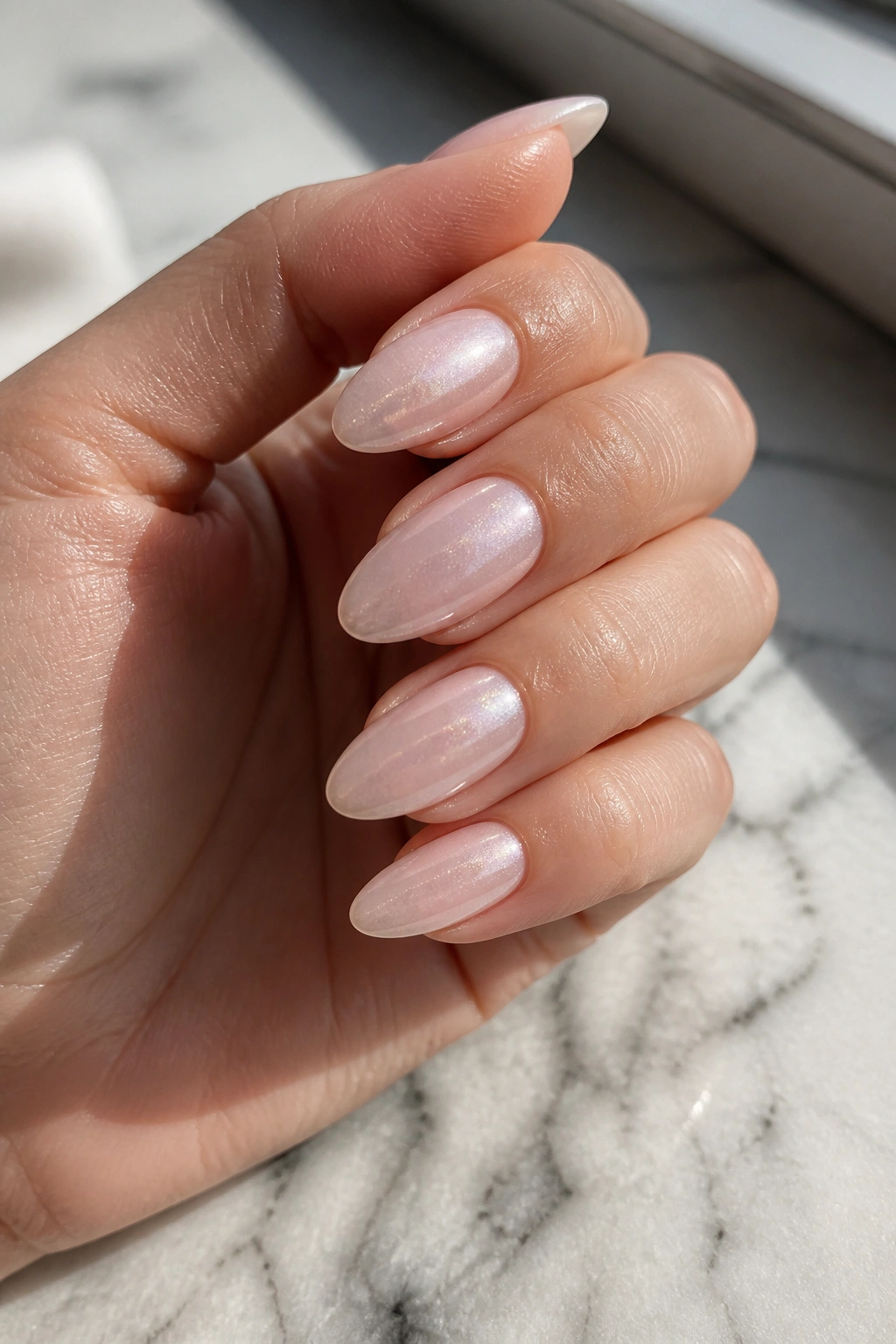 Close-up of milky blush pearl almond nails on a hand