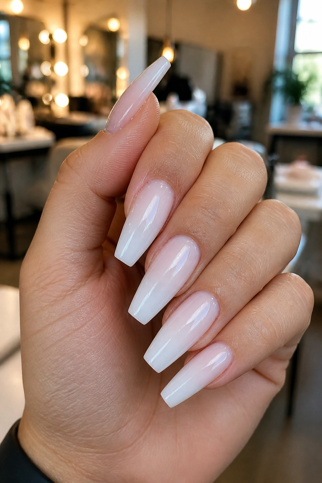 Close-up of milky builder-gel white coffin nails on a real hand