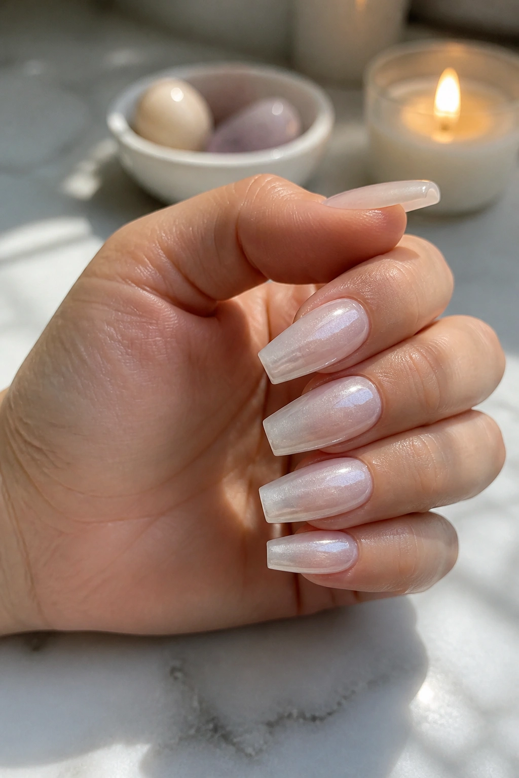 Close-up of milky white coffin nails with pearl shimmer on a real hand