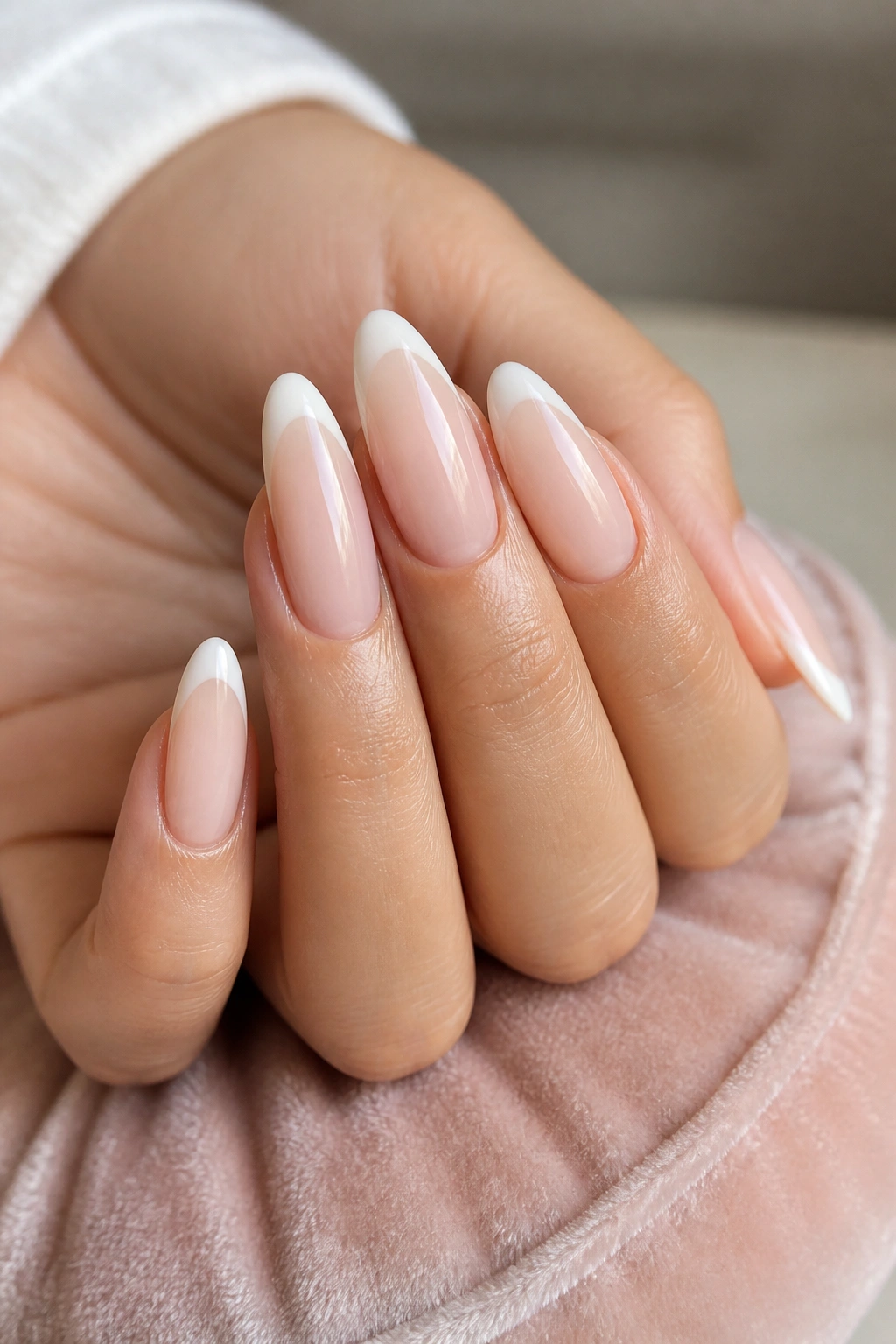 Close-up of long almond nails with milky French tips on a real hand in natural light