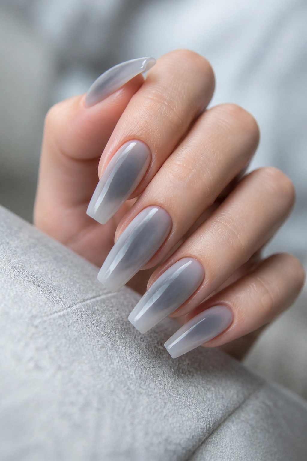 Close-up of milky grey aura nails with a smoky center on coffin nails.