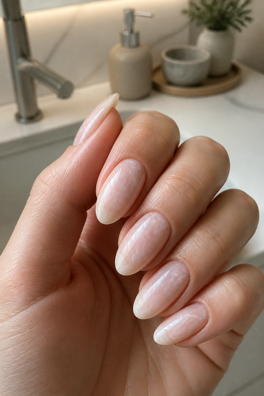 Close-up of milky marble nude almond nails on real hand