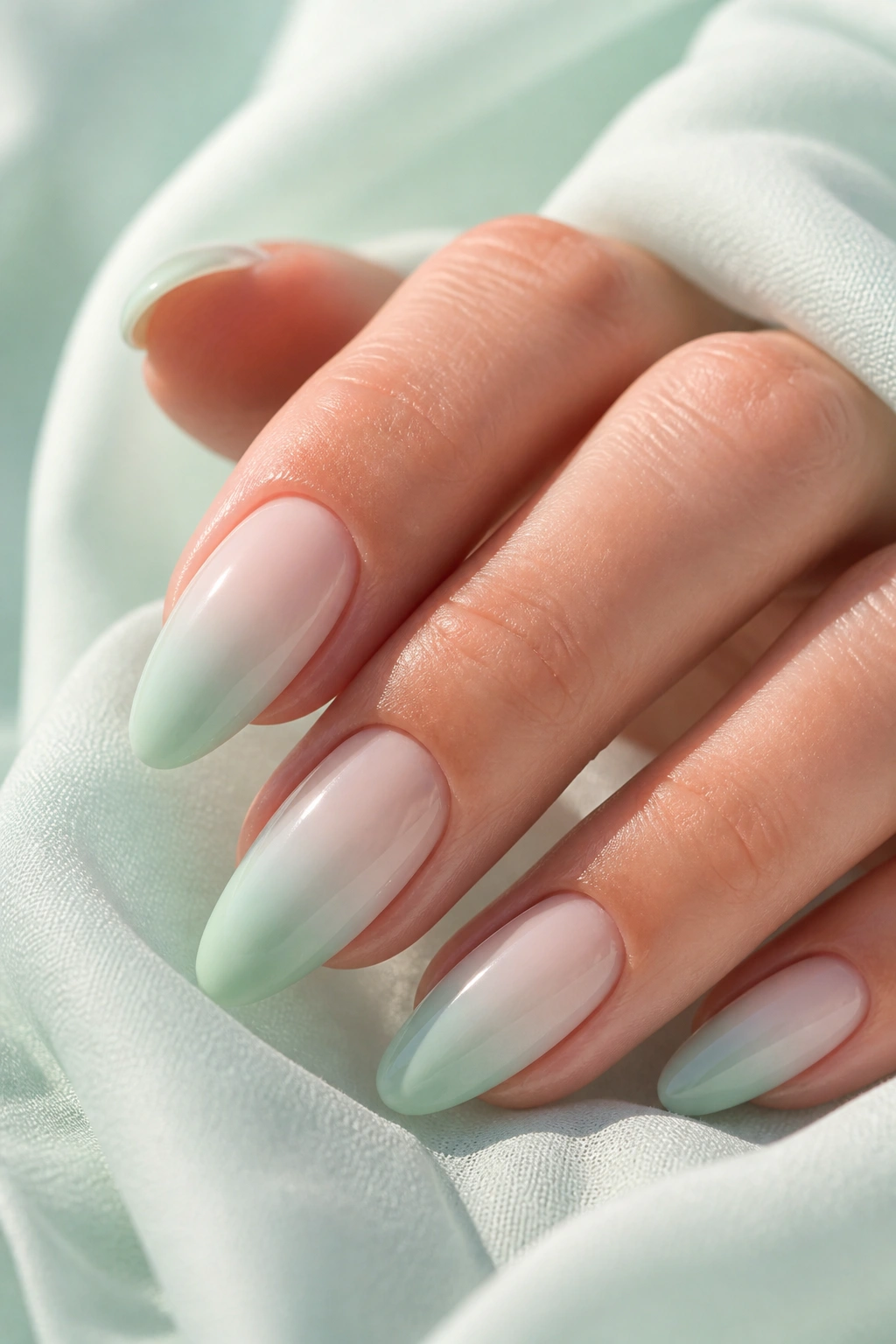 Almond nails with milky mint ombré gradient on a real hand