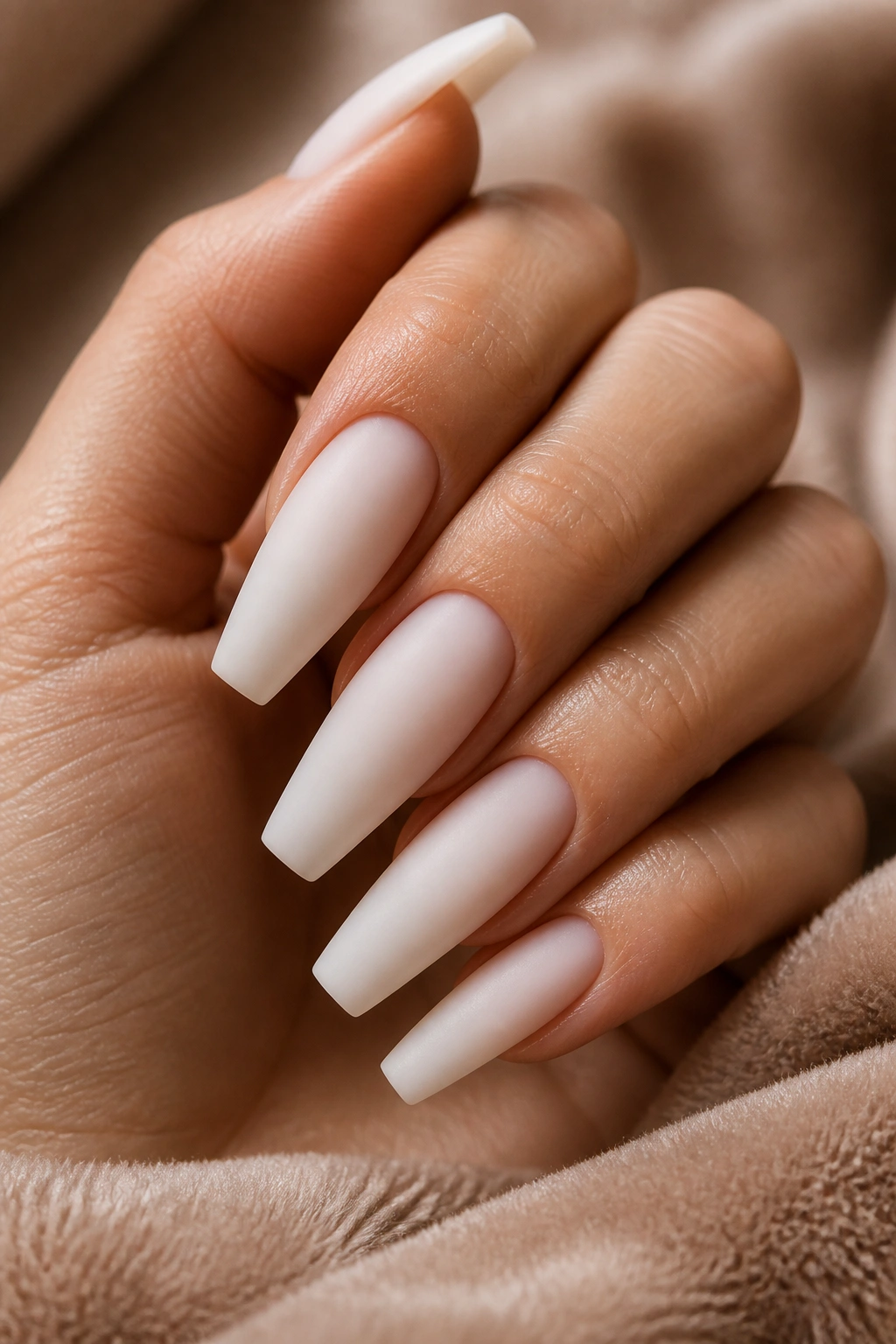 Close-up of matte milky white coffin nails on a real hand resting on velvet