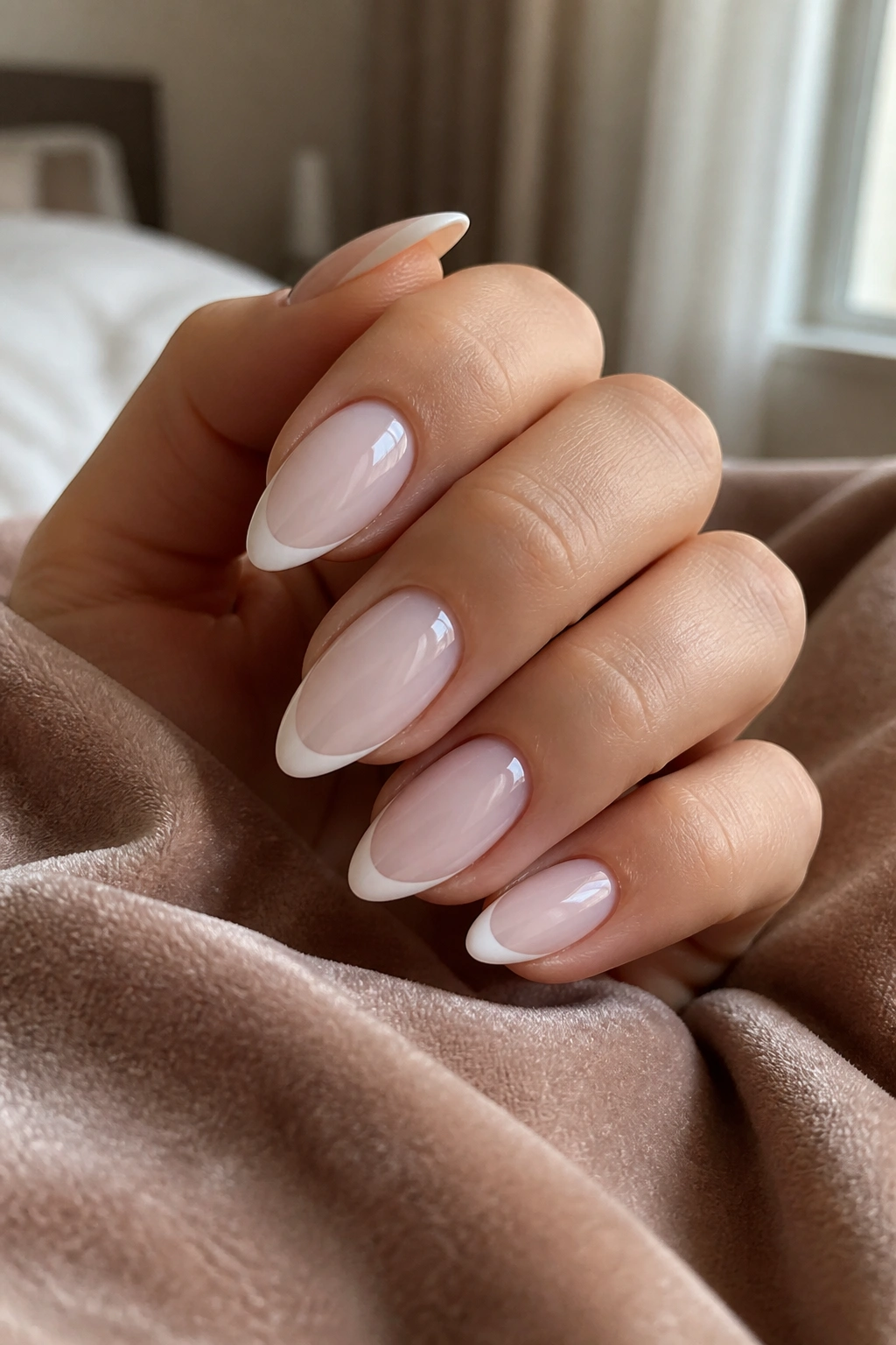 Close-up of almond nails with milky base and ultra-narrow micro French tips on a real person's hand