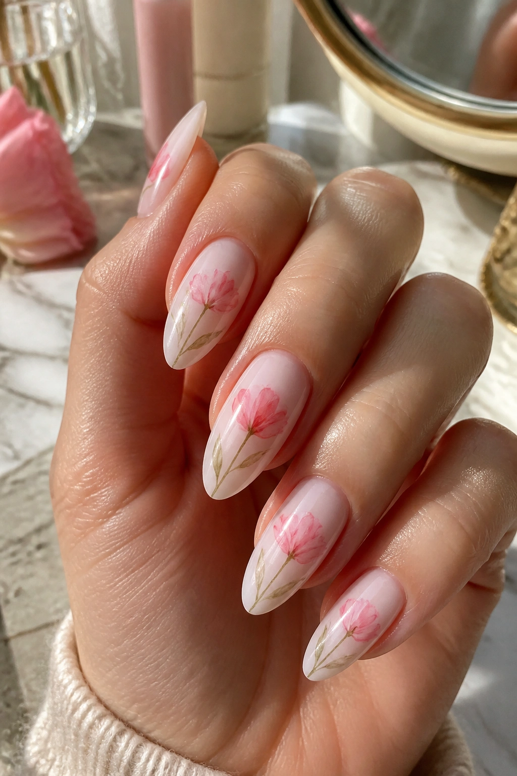 Milky almond nails with watercolor tulips and green stems