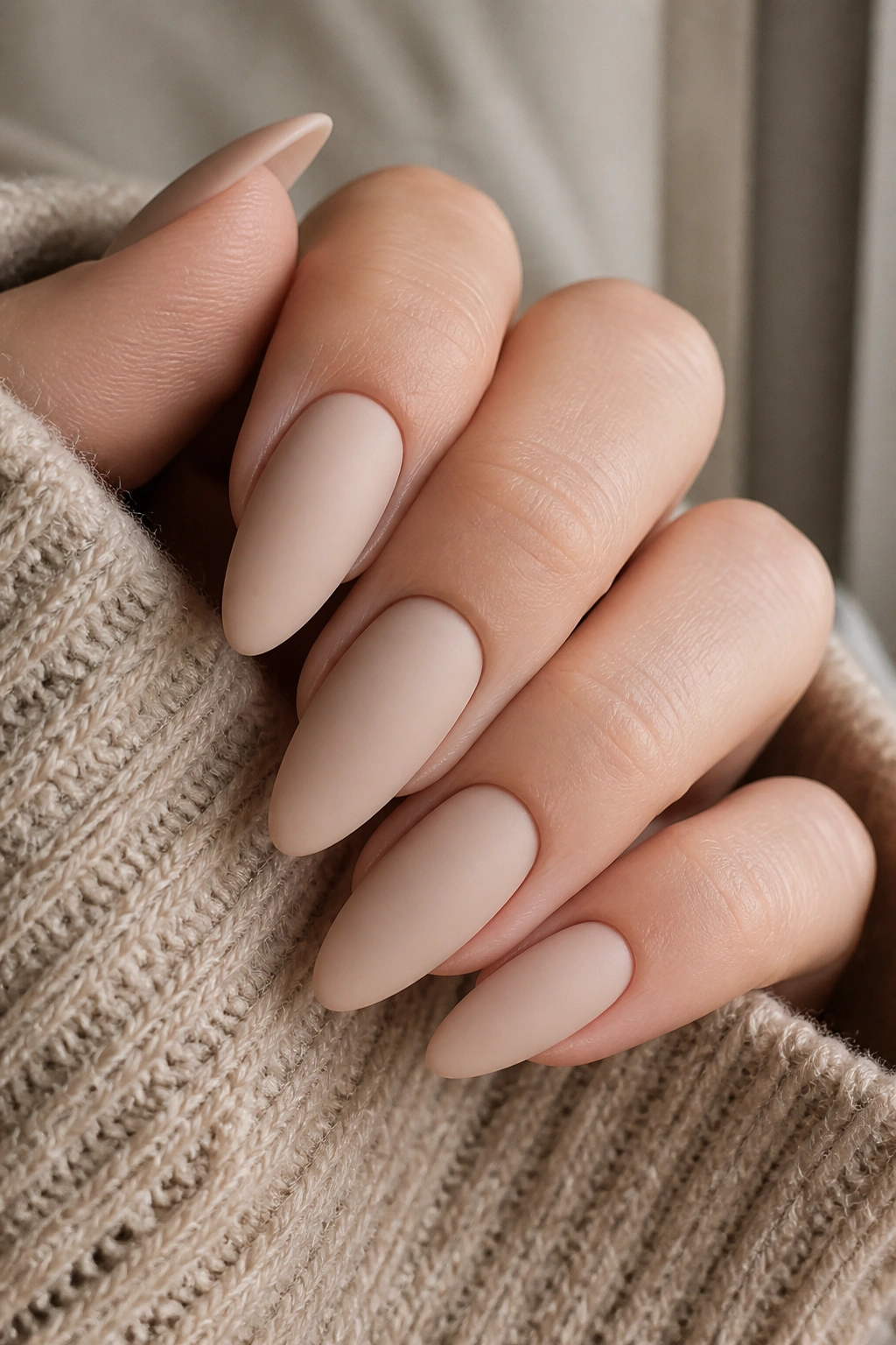 Close-up of milky nude almond nails with velvet matte finish on a hand resting on beige knit fabric