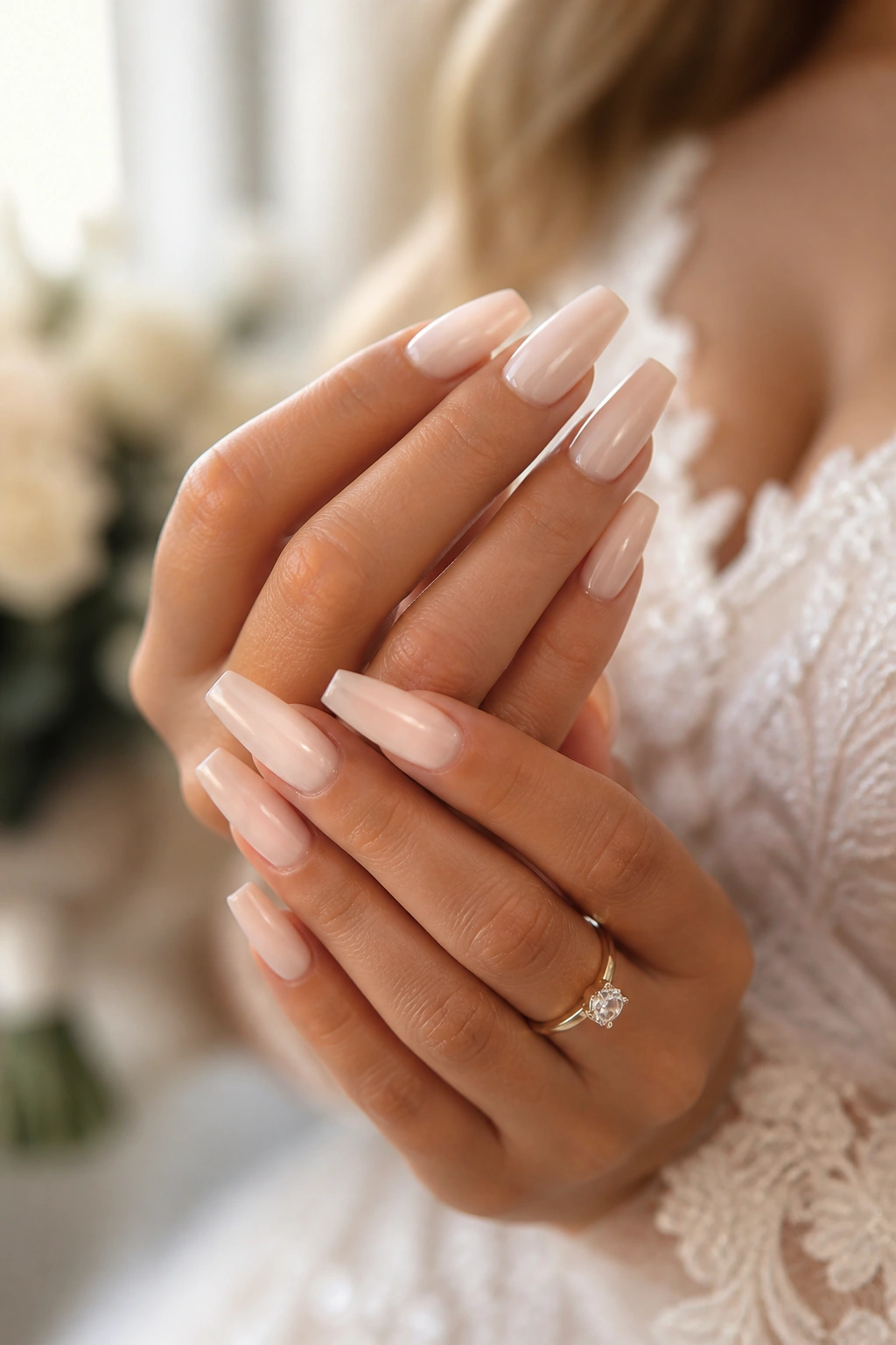 Close-up of real hand with milky nude coffin nails and glossy finish