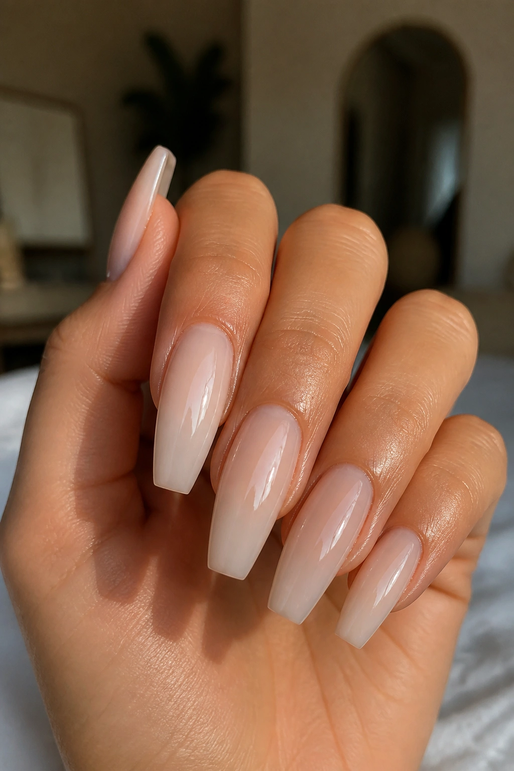 Close-up of milky nude coffin nails on a real person's hands with warm window light