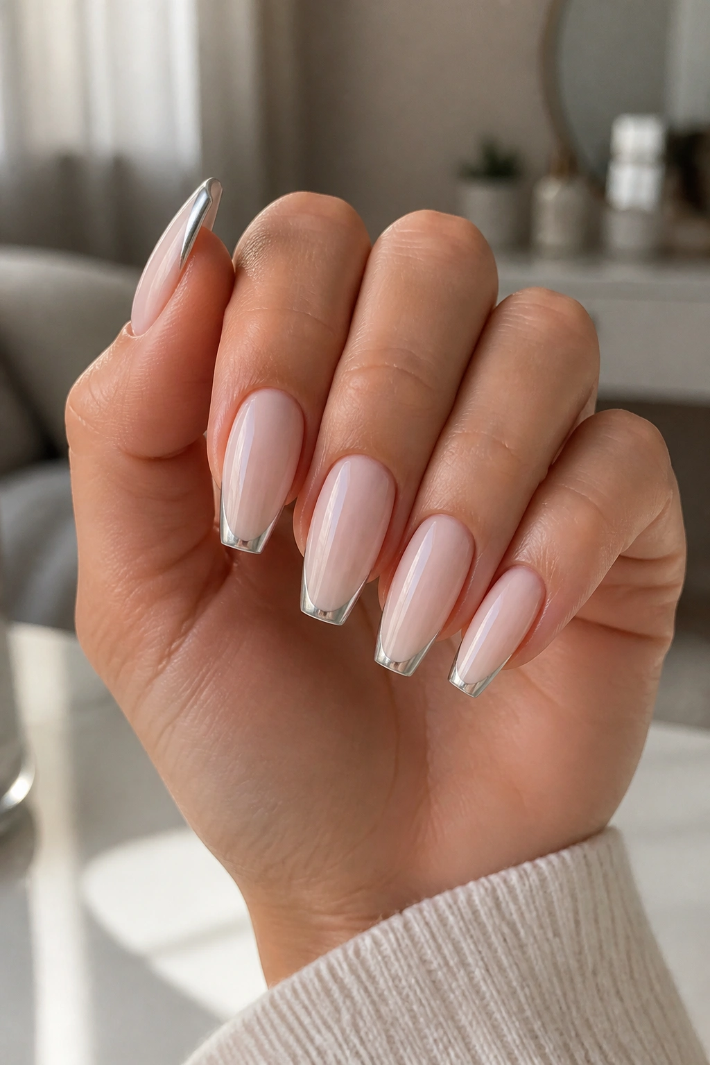 Close-up of milky nude coffin nails with silver French tips