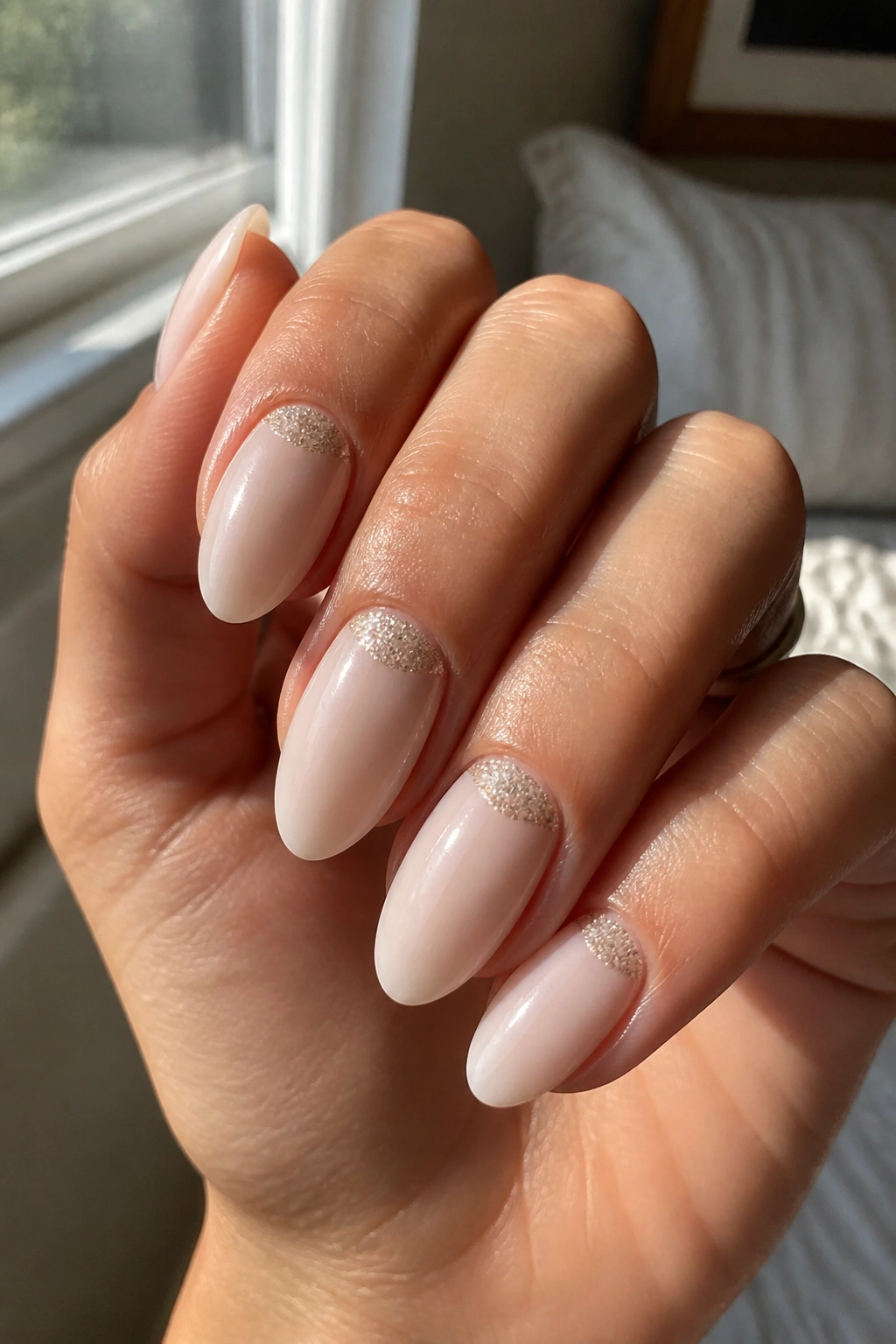 Almond nails milky nude base with glitter cuticle arc