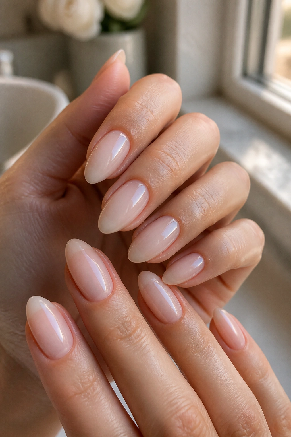 Close-up of hands with milky nude almond nails in soft pink-beige tones