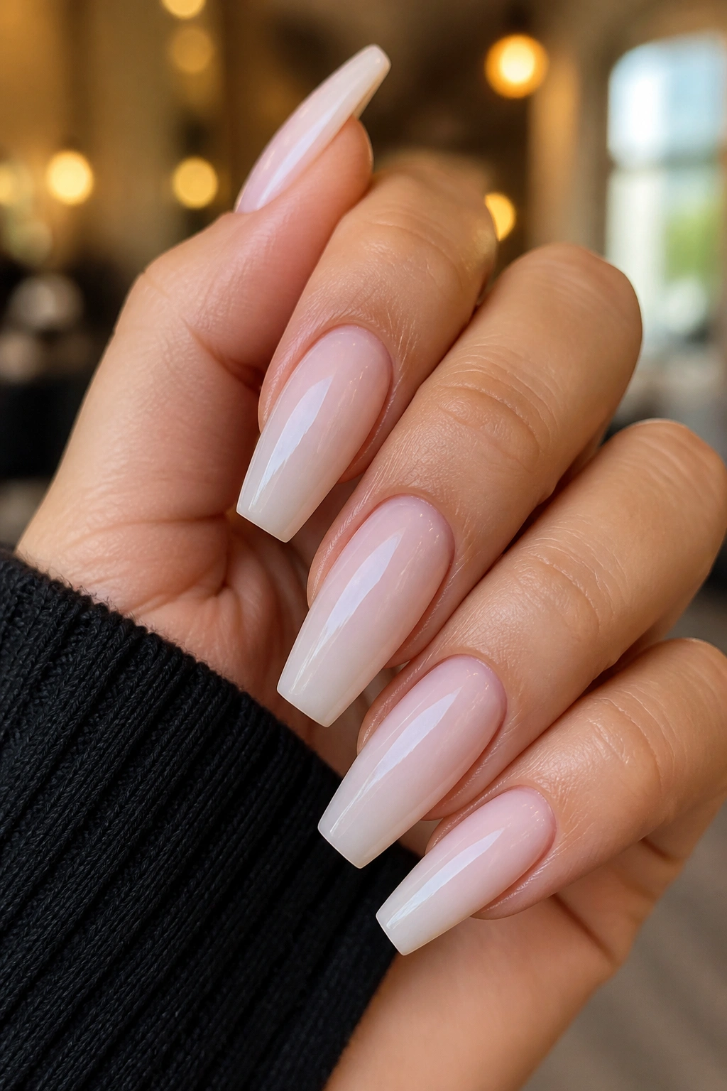 Close-up of milky nude coffin nails on a real hand in a softly lit salon