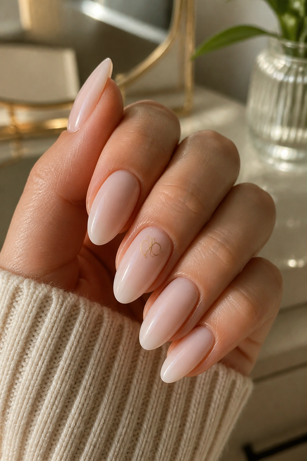 Close-up of almond nails with milky nude base and a tiny gold glyph on one nail