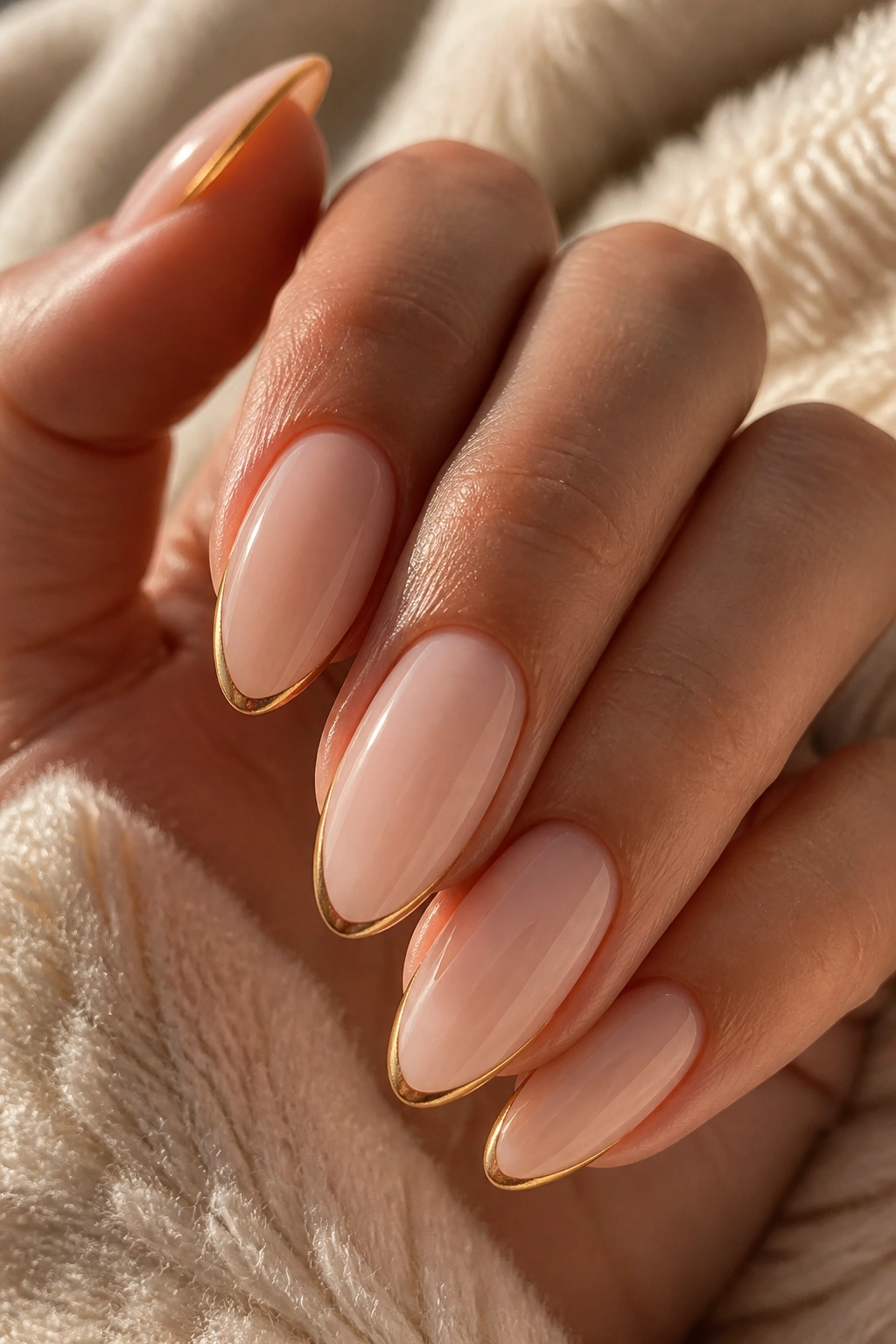 Close-up of a real hand with milky nude almond nails and a thin gold tip line