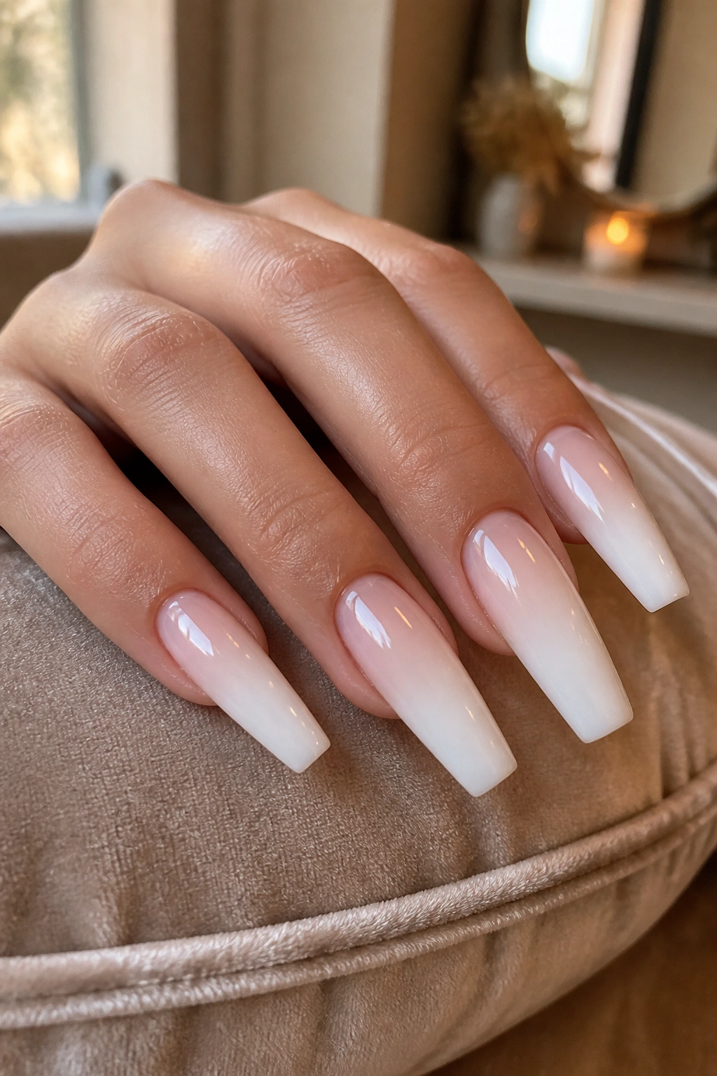 Close-up of milky white ombre coffin nails on a woman's hand.