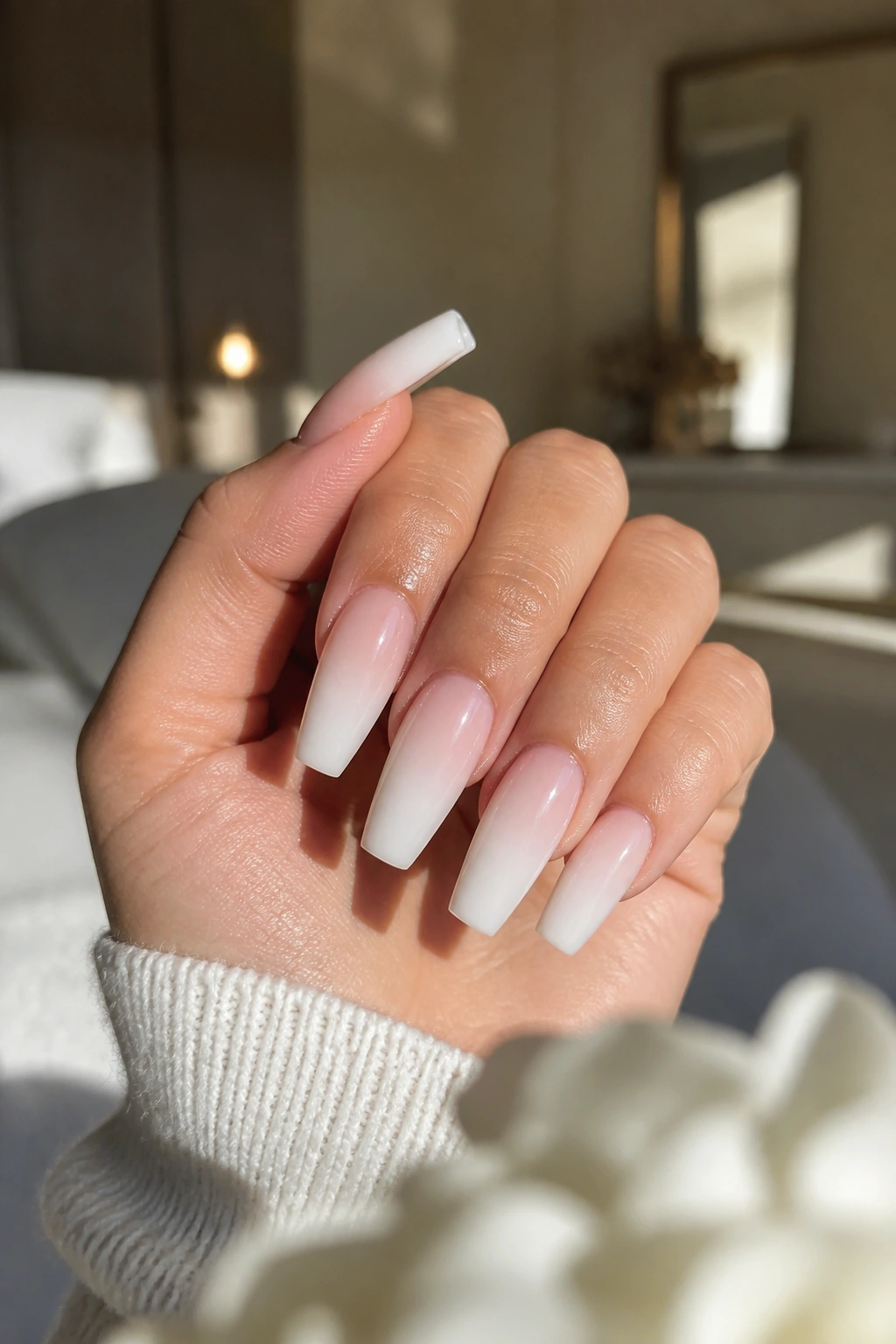 Close-up of a real hand showcasing milky white ombre coffin nails dominating the frame