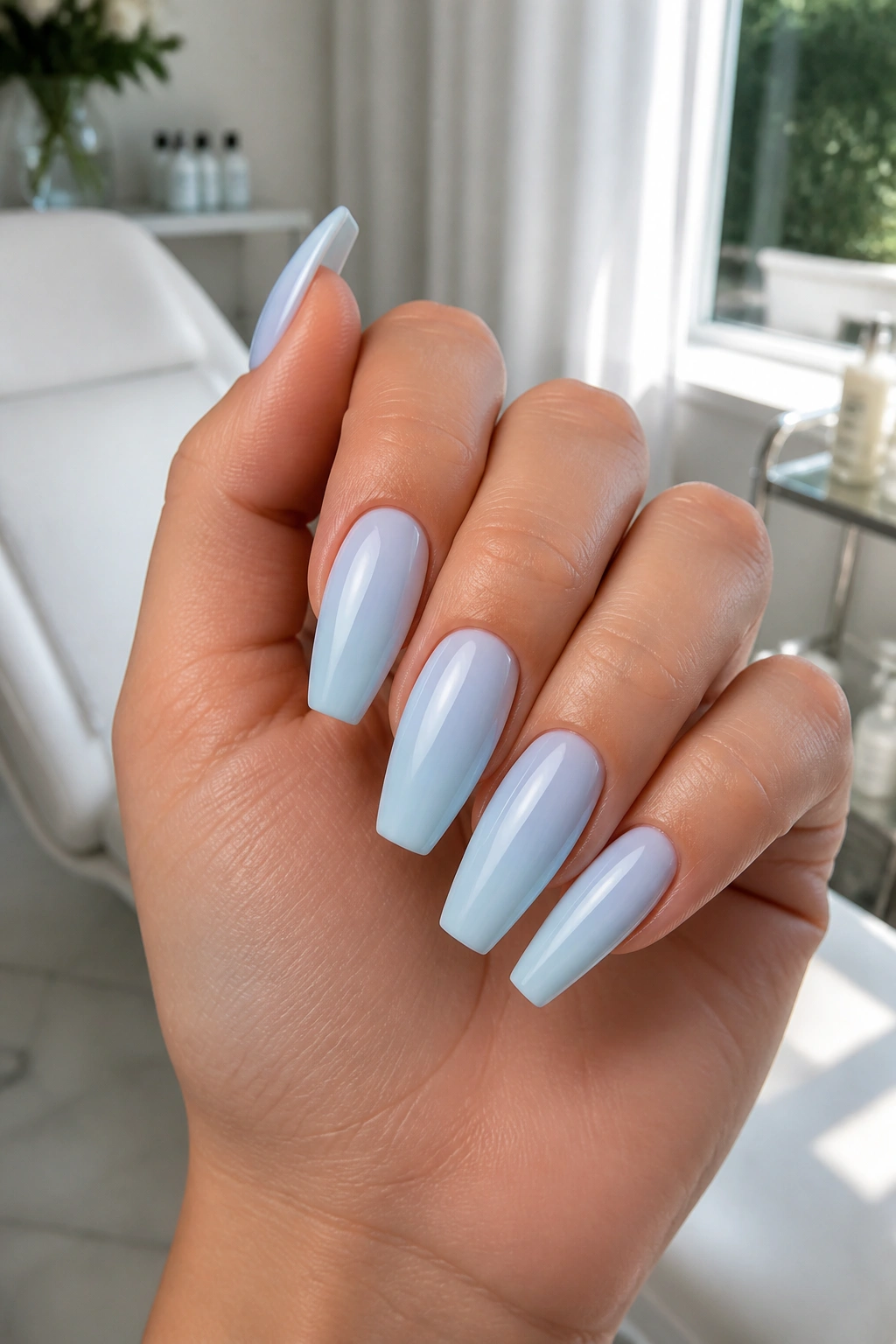 Close-up of milky pastel blue coffin nails on a real hand in a spa-like room