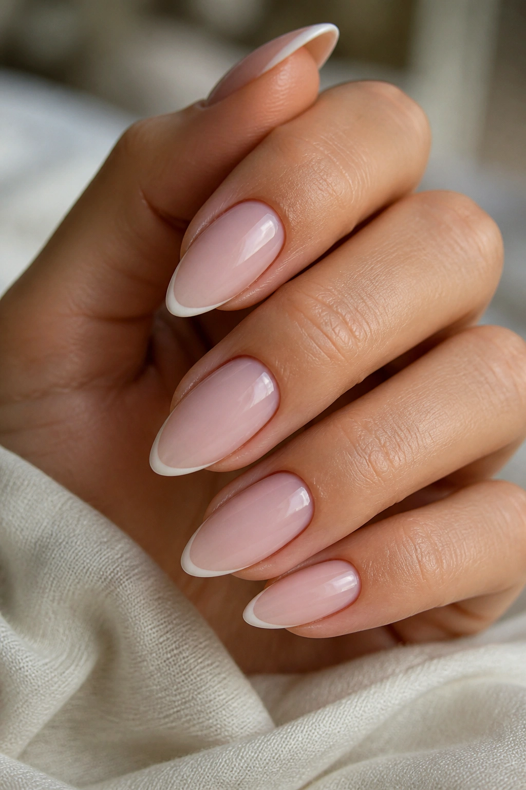 Close-up of a real hand with almond nails featuring milky pink base and white micro French tips