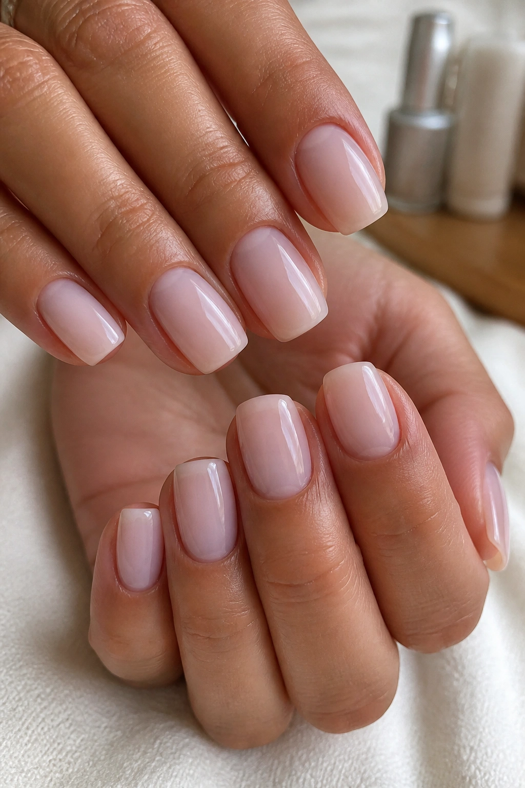 Milky pink builder gel nails with soft coffin edge on real hands.