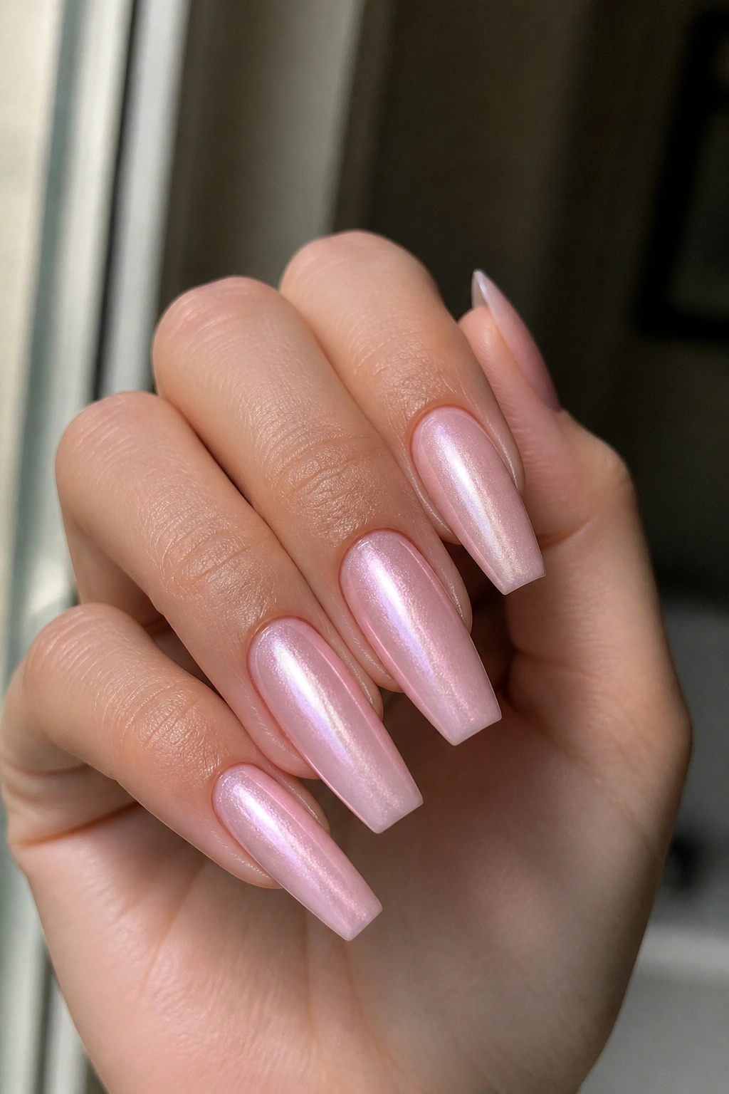 Milky pink coffin nails with diffused glow
