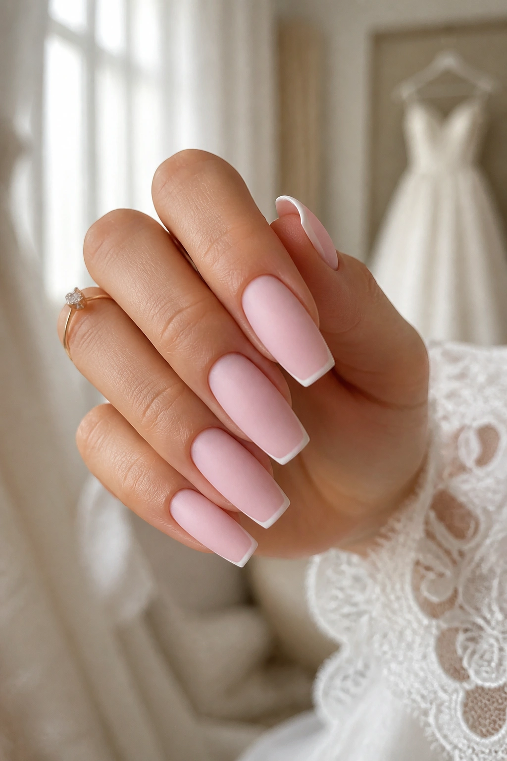 Close-up of milky pink coffin nails with micro-French edge on real hand.
