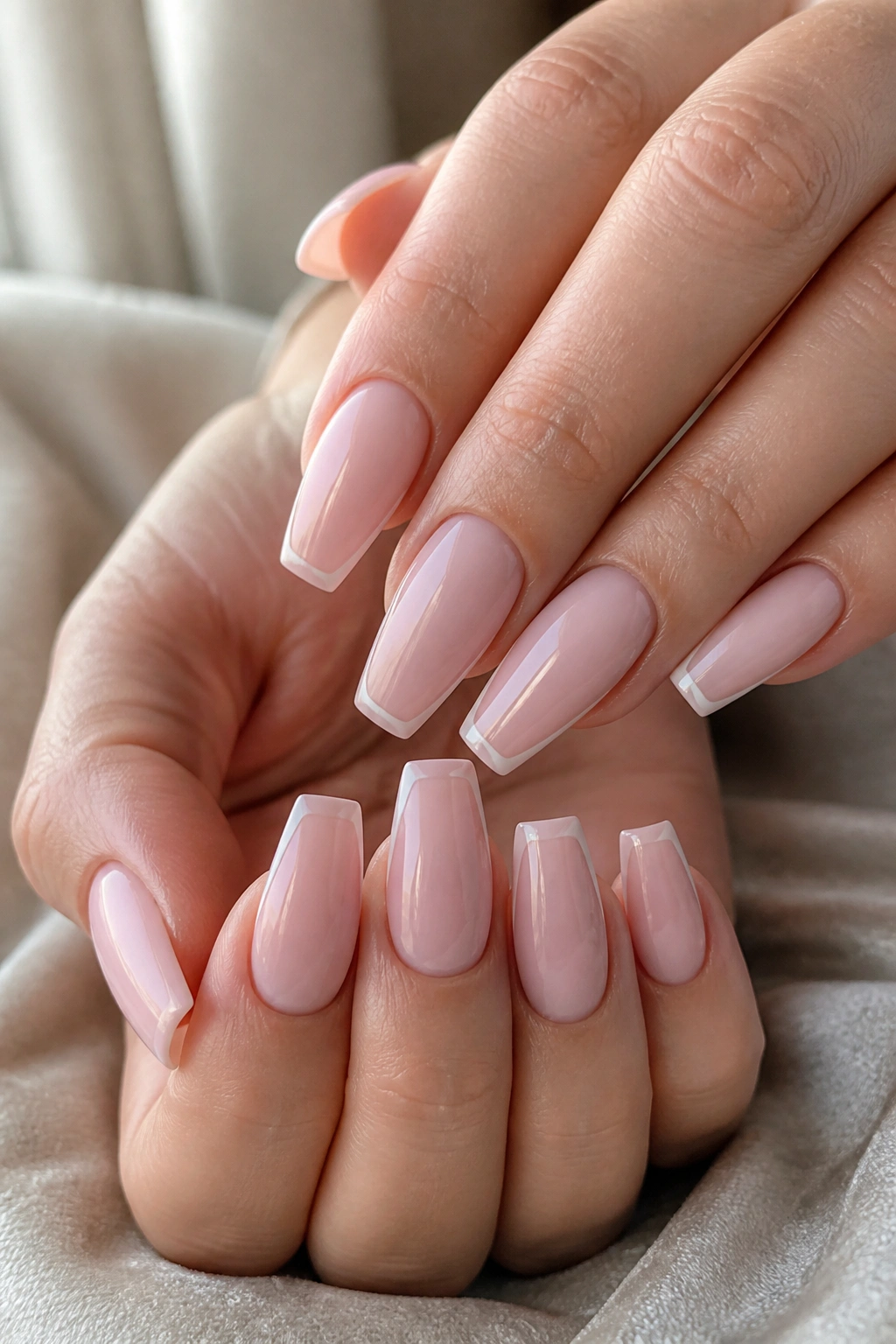 Close-up of real hands with milky pink coffin nails and whisper-thin white tip