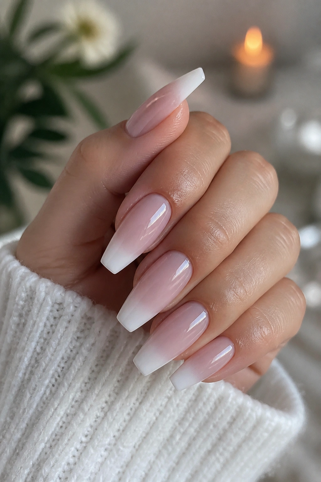 Nails with milky pink French fade on coffin shape