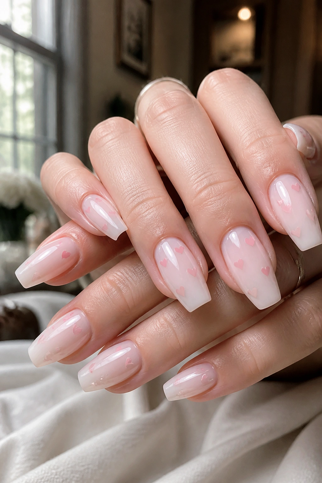 Close-up of real hands showing milky pink micro-heart nails in soft window light