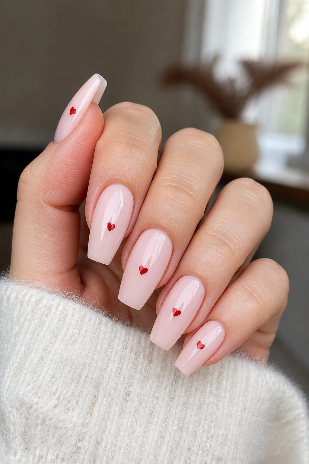 Close-up of milky pink coffin nails with small red hearts on a real hand in a salon.